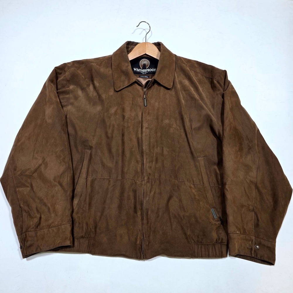 Weatherproof Jacket Mens XXL Brown Micro Suede Full Zip Bomber Harrington Coat